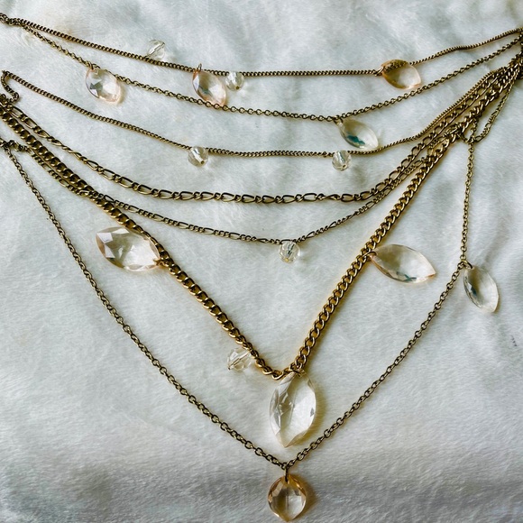 * Vintage Teardrops 7 Gold Strands Clear Lucite Necklace - Picture 1 of 6